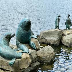 Seal and penguin statues in the harbour