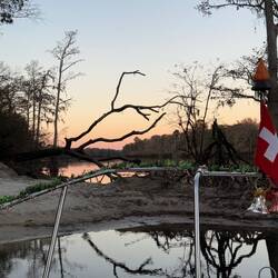 Pretty view off the front of the boat this evening. Beach for our pup walk