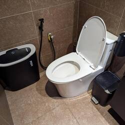 This is a public toilet at a bar-restaurant. Spotless