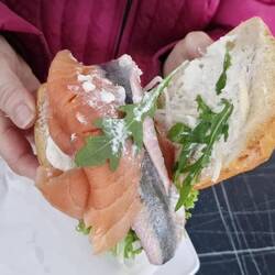 Fischbrötchen ein Traum. 2 Scheiben Lachs, 1 Matjesfilet mit Meerrettichsahnedip