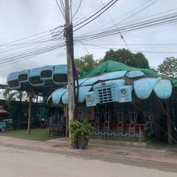 Restaurant built out of old trucks.