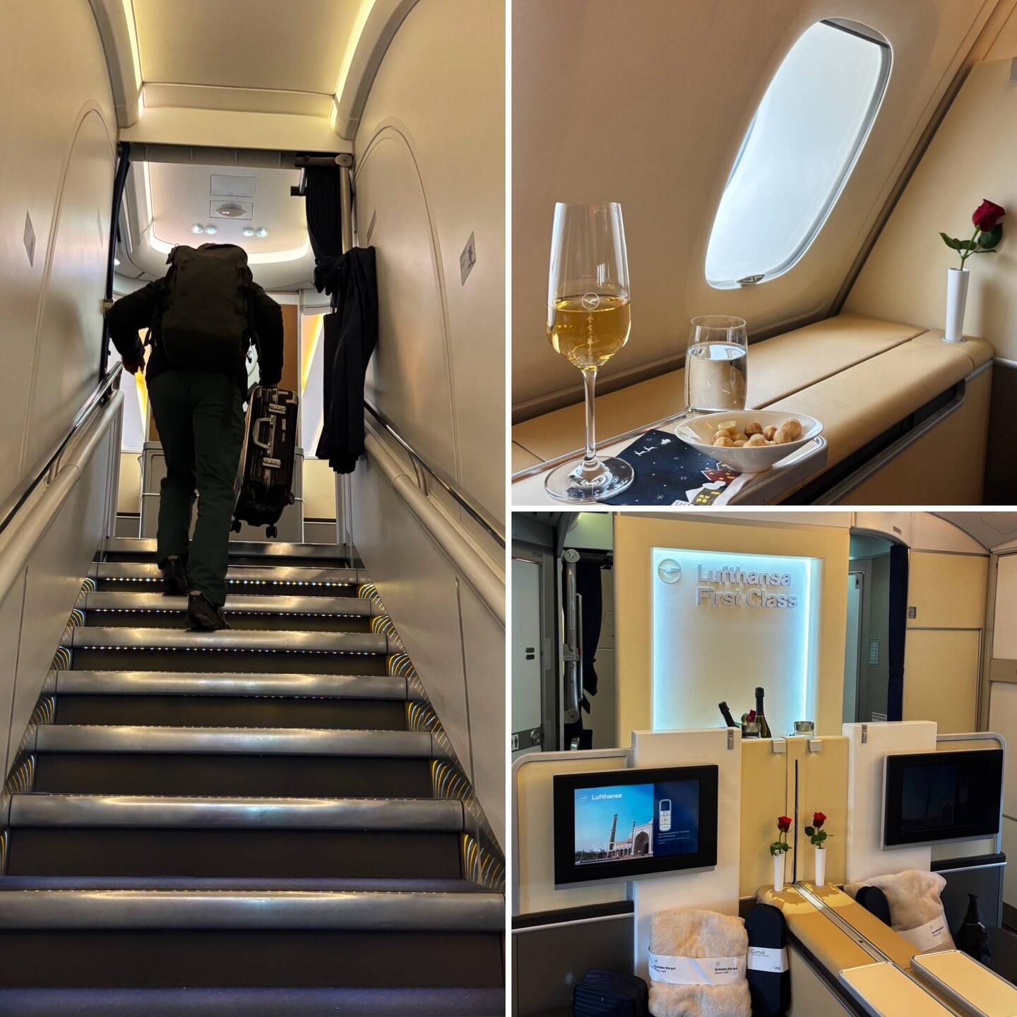 Willkommen an Bord. Es geht hinauf ins Oberdeck des A380.