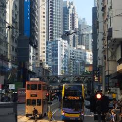 Classic HK street scene showing double decker tram