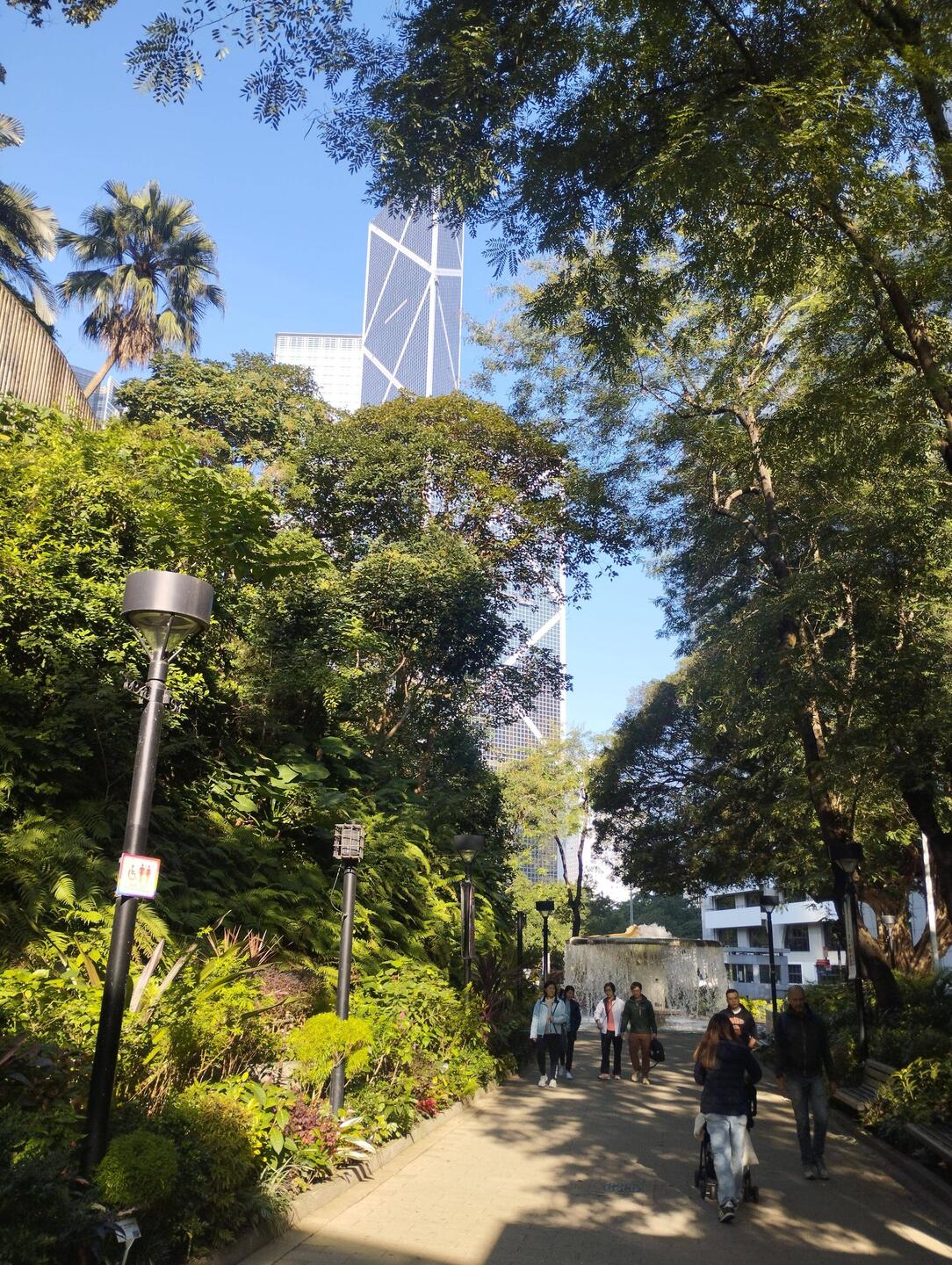 Walking through Hong Kong park to the funicular