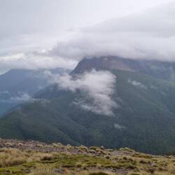 The scree slope we came down yesterday is visible between the clouds and rintoul hut below them.