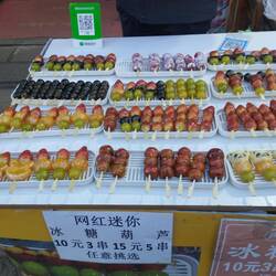 Fruit sticks and other delights for sale in Baisha