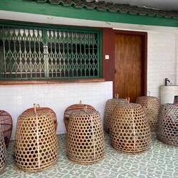 Hähne befinden sich in den Käfigen