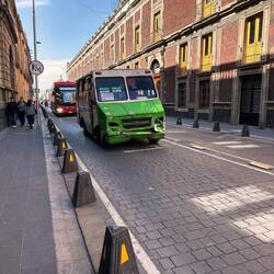 Busse, vorne privater Zubringer, hinten Stadtbus