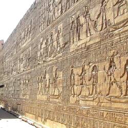 Carvings depicting a great battle against an evil (albeit tiny) hippo.