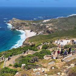 The view from the Cape Point lighthouse to the Cape of Good Hope the other side of the beach.