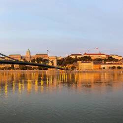 Panoramic look at Buda from our cabin on the Rinda — Budapest, Hungary.