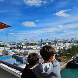 The boys looking out at the Miami cruise terminal. Plenty of giant ships in port on Sunday.