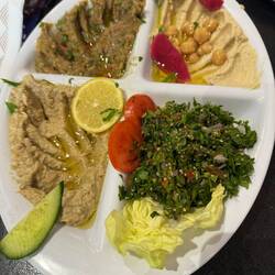 Dipping platter for bread: upper right hummus, UL baba ganouj, LL eggplant, LR mint salad