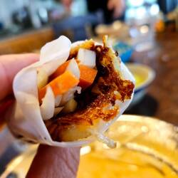 Vietnamese quick pickle, latkes and rice wraps. A winner!