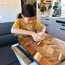 Our first bread making session. After this we bought a Kmart special bread maker!