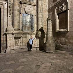 Greeting the shadow pilgrim after the pilgrim's mass my second night in Santiago.