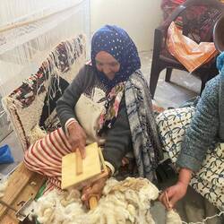 Oma kämmt die Wolle