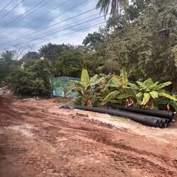 eines der seltenen Tore neben der Strasse - Bananen - gestampfte Strasse neben Schnellstrasse