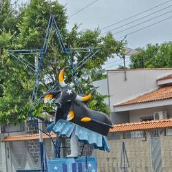 A bull costume statue along a Parintins street