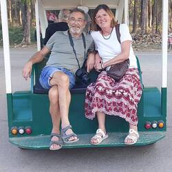 Im Taxi am Gelände unterwegs.