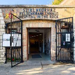 The only photo one can take is outside the entrance to the Hospital in the Rock — Budapest.