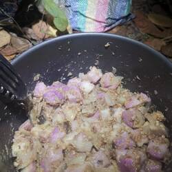 Maniok, Zwiebeln und Sardinen noch aus Mauretanien sind mein Abendessen