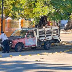 der Fahrer kann kaum laufen - und sein Auto ist fast so alt wie er, die Klapperkiste läuft noch