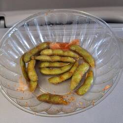 With our delay voucher we bought some Japanese food, the spicy edamame beans were the best I've had.