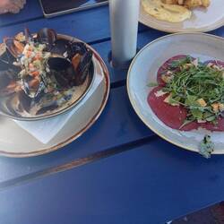 Our very tasty lunch of mussels, venison carpaccio and calamari