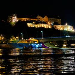 Petrovaradin Fortress and Varadin Bridge ... from our cabin — Novi Sad, Serbia.
