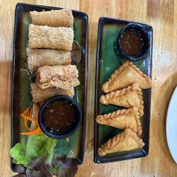 Prawn and crab spring rolls and curry puffs.
