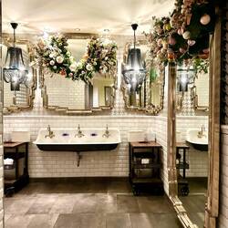 I just had to take a picture of the women's restroom, gorgeously decorated even without Christmas!