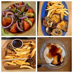 Clove-Salat in Blütenform 🌸, Kontosouvli,Schweinesteak und Dessert