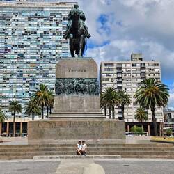 Statue of Artigas, with Liz and Thomas for scale