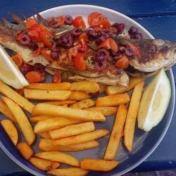 Yummy lunch of whole sea bream topped with a very tasty salsa