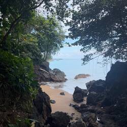 Vi passerade flera vackra inbäddade stränder. Men vissa skulle man undvika att bada i sa guiden!