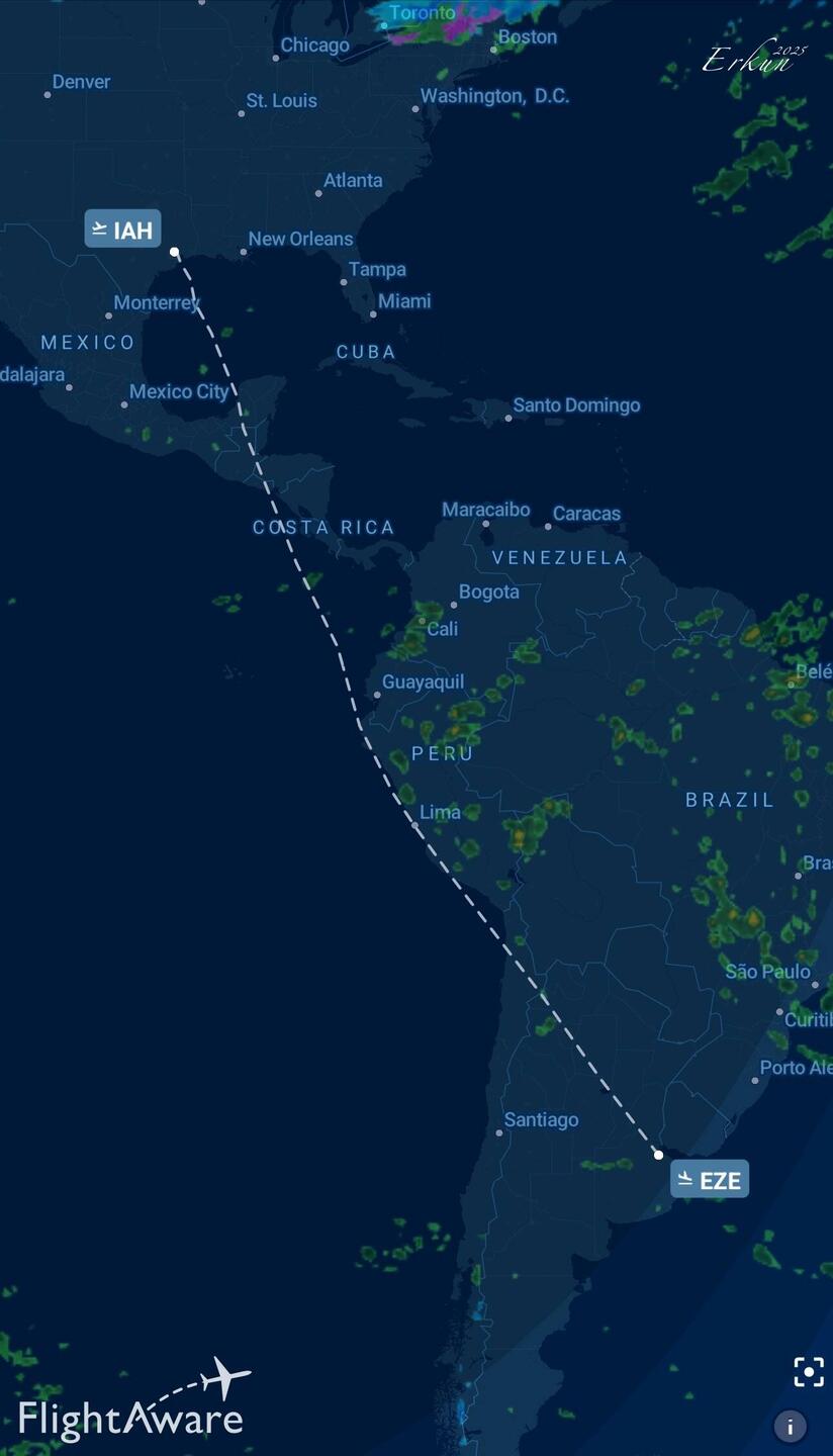 Our route from IAH to EZE — Houston, TX.
