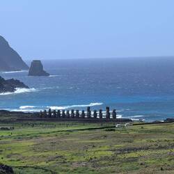 A view of Ahu Tongariki from the volcano