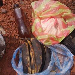 Die schlecht aussehenden Bananen, sind innen noch einwandfrei. Honig wird in Flaschen verkauft