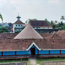 View from window of a small Church, small Synagogue, and small Hindu Temple
