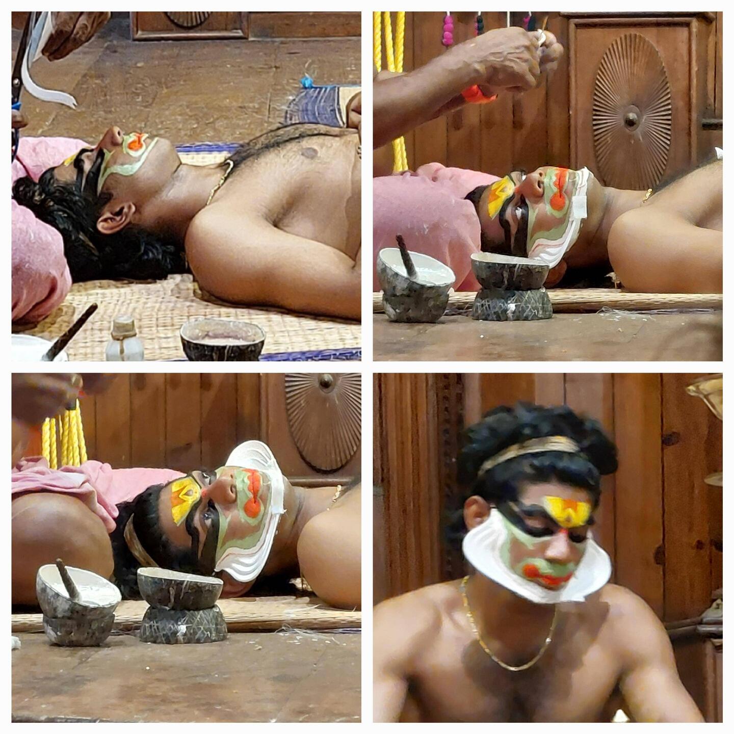 Kathikali; Make-up application - the paper frill defines the jaw line