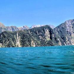 Panorama of the western flank of the sound, featuring Mitre Peak, 1683m, and Footstool, 835m