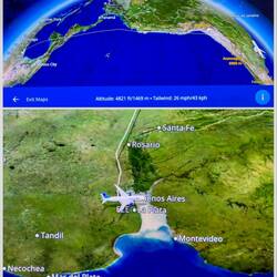 Screenshots from the in-seat monitor showing our route and arrival in Buenos Aires, Argentina.