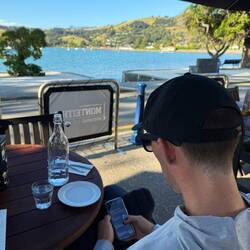 Dinner at Billy Hayes in Akaroa. Chels has a salad and Chris had lamb