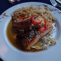 Seared salmon with spicy noodles
