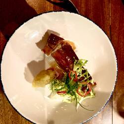 Pork belly appetizer with our first whisky tasting