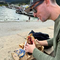 Fergburger with a view! Chels opted for the Ferg-lafel and Chris got the Bug Al and Sweet Bambi