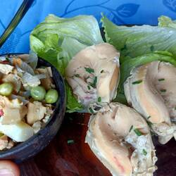 Seafood salad (pre-cooked chiton) with garden produce, plus locos (abalone)