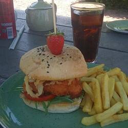 My chicken burger topped with crispy onion rings