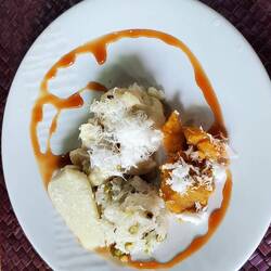 Our breakfast ... rice with mung beans and coconut, banana stuffed dumplings, pumpkin and tarrow!